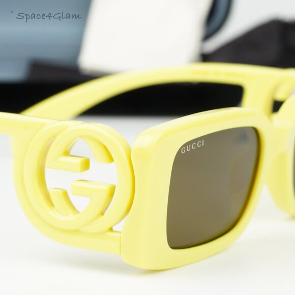 BRAND NEW Gucci GG1325S 007 Acid Yellow Brown Rectangle Unisex Sunglasses - Picture 6 of 9